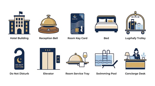 Set of hotel service icons featuring building reception bell key card bed luggage elevator and room amenities