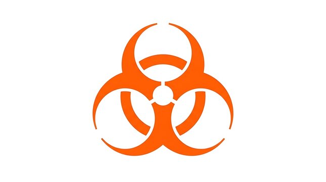 Orange biohazard warning symbol isolated on a white background representing biological danger and infectious waste