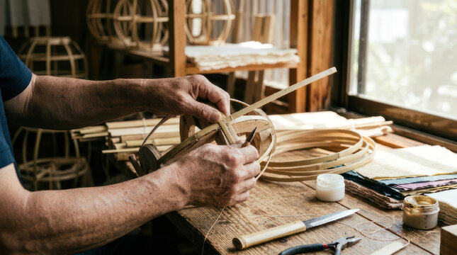 Artisan hands weaving a basket from natural materials.