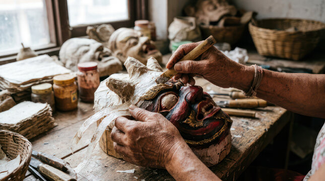 Artisan hands sculpting a detailed mask with clay and tools.