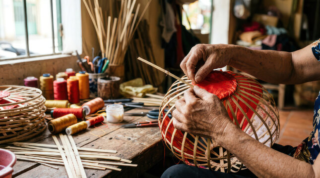 Artisan hands weaving a decorative basket with natural materials.