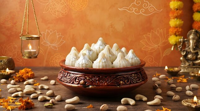 Bowl filled with delicious modak sweets arranged with cashews and pistachios on a wooden table with festive background