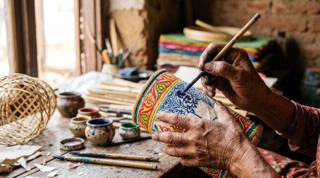 Artisan meticulously paints intricate designs on a ceramic pot.