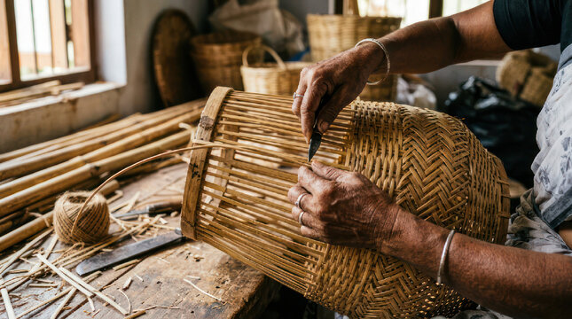 Artisan weaving a traditional basket with natural materials.