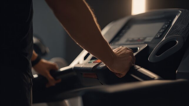 Person operating treadmill machine in gym exercising fitness concept