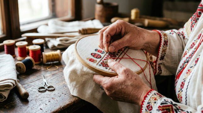 Close up of womans hands embroidering a traditional pattern on fabric.