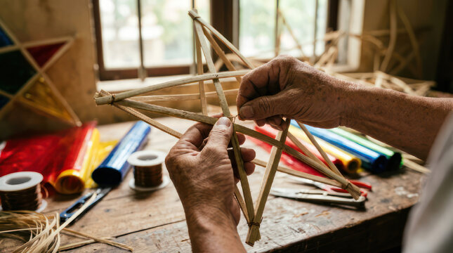 Hands crafting a star lantern with bamboo sticks and colorful paper.