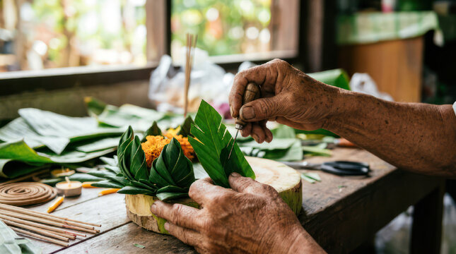 Hands crafting a decorative floral arrangement with leaves and natural materials.