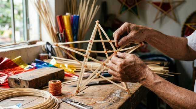 Hands crafting a star lantern with bamboo sticks and colorful threads.