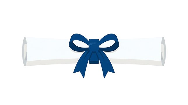 Rolled diploma paper scroll tied with a dark blue satin ribbon bow isolated on a white background
