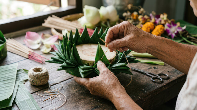 Hands crafting a traditional Thai krathong from banana leaves and flowers.