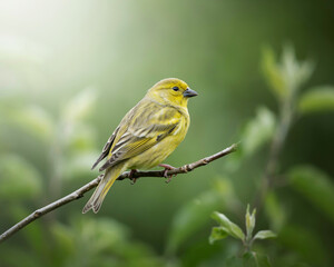 Fototapeta premium Yellow Bird Perched on a Thin Branch canary finch