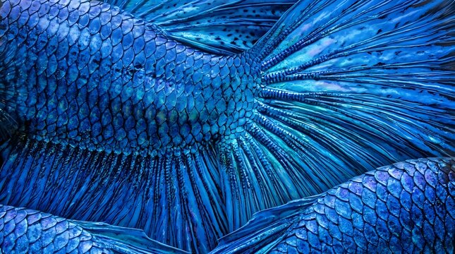 vibrant blue fish scales and fin texture macro photography showcasing intricate patterns and shimmering aquatic details for modern design backgrounds