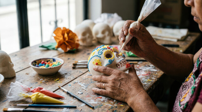 Person decorating a sugar skull with icing for Day of the Dead celebration 1.