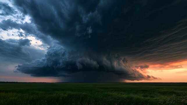 Supercell thunderstorm over a vast green field at sunset