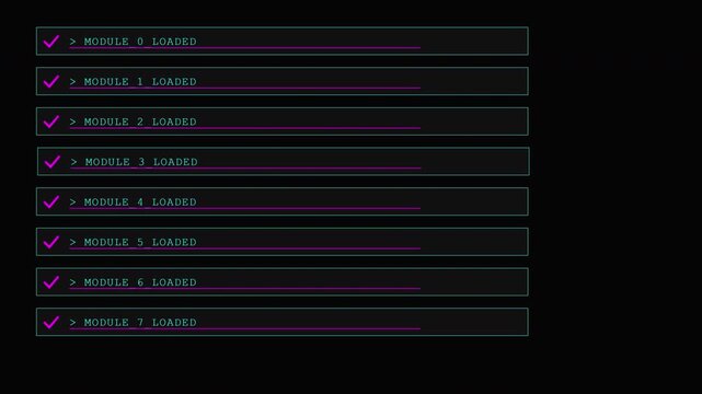 Digital interface displaying system module loading sequence with neon pink and teal elements