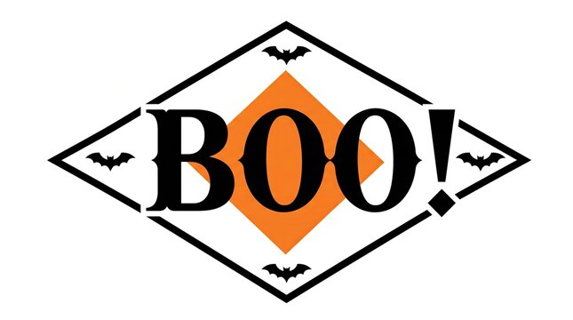 Halloween greeting design with the word boo written in a diamond shape frame with small bats