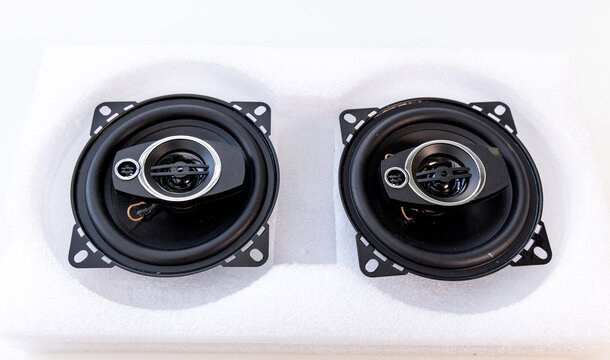 New Black Car Audio Speakers in White Foam Packaging