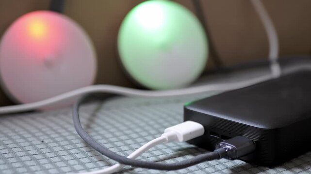 A black portable power bank rests on textured fabric, its ports connected to USB cables. This image conceptually represents portable energy solutions, device charging capabilities.