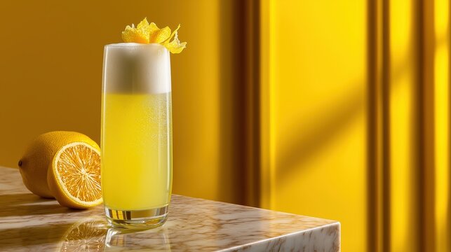Vibrant yuzu gin fizz cocktail served in a tall glass on a sunny countertop with a lemon garnish