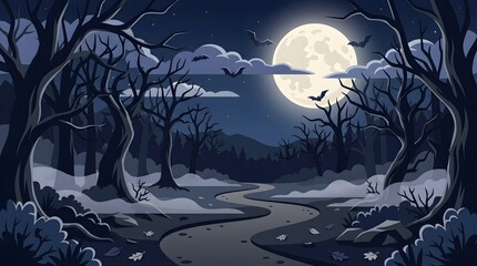 Fototapeta premium A spooky and mysterious haunted forest background featuring bare trees under a glowing full moon in a dark night sky
