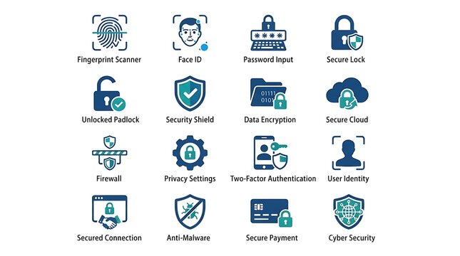 Set of sixteen digital security and cyber protection icons featuring biometric authentication and data privacy symbols