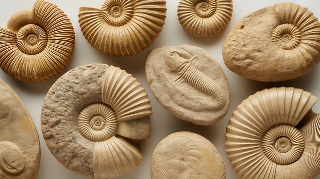 Collection of prehistoric fossils and ammonites isolated 