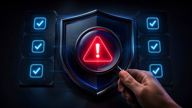 Hand pointing at a glowing red warning alert shield among digital blue checkmarks on dark interface