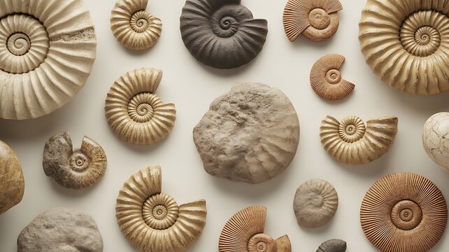 Collection of prehistoric fossils and ammonites isolated 