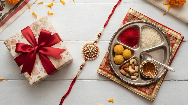 Rakhi celebration thali with sweets, kumkum, rice, gifts and flowers on white background