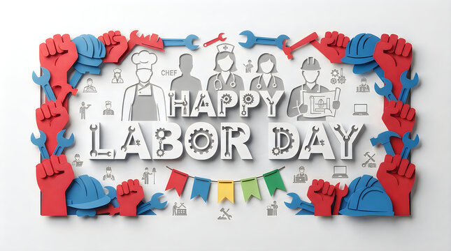 Happy labor day banner with diverse professions and tools illustration