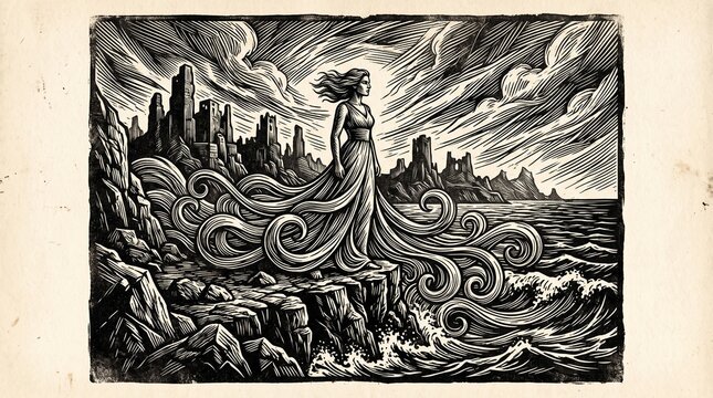Vintage Gothic woodcut engraving of elegant woman in flowing dress standing on rocky cliff, black and white Etching art with dramatic landscape and swirling waves, antique illustration print