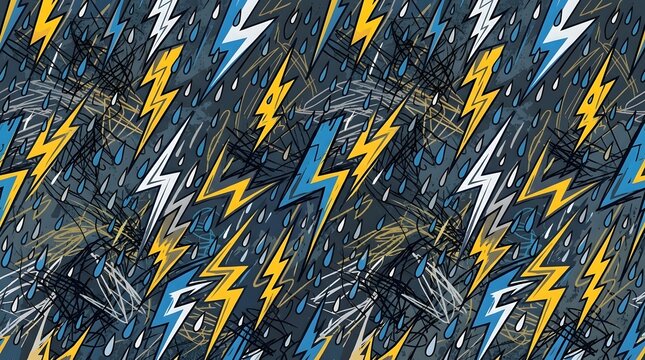 seamless pattern of graphic lightning bolts and falling rain drops in shades of yellow and blue on a dark background for textile design