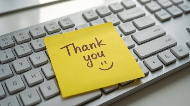 A yellow sticky note with thank you message resting on a computer keyboard