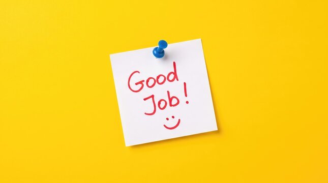 Positive affirmation note saying good job with a smiley face on yellow background