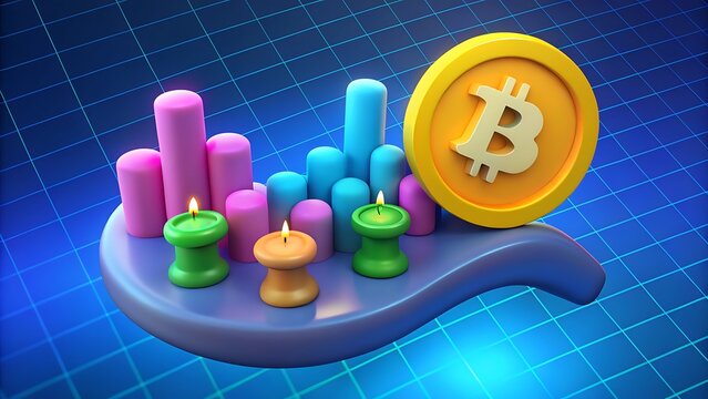 A 3D illustration of a bitcoin coin with financial charts and lit candles on a grid background