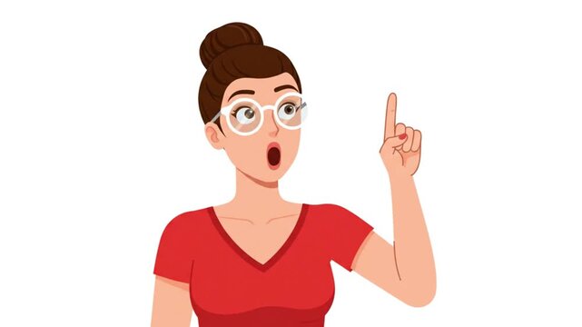 A Woman's Eureka Moment: A woman with wide eyes and an open mouth, wearing glasses and a red top, raises her index finger in a gesture of realization or a brilliant idea.