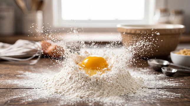 Egg yolk splashing into flour on a rustic kitchen table.
