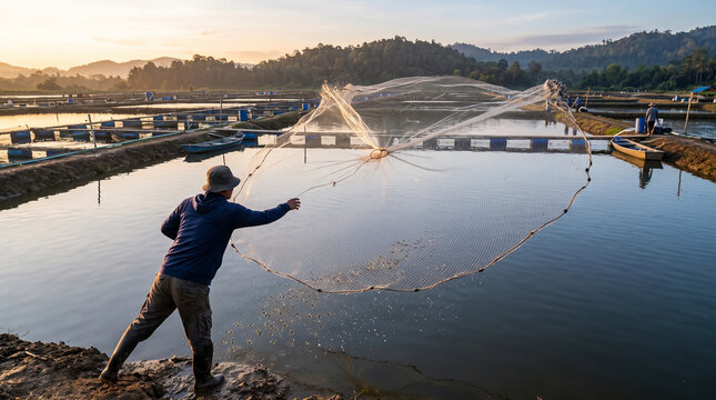 Fisherman casting net at sunrise in aquaculture farm.