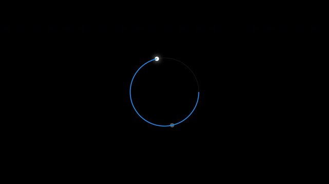 Four glowing points orbiting in circular paths with blue light trails on black background