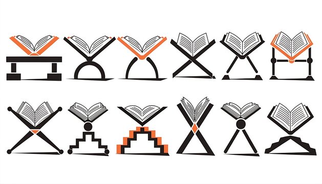 Collection of twelve flat vector icons of open Quran books representing Islamic education, reading, and religious study, cut out White background with shadow. AI GENERATED.