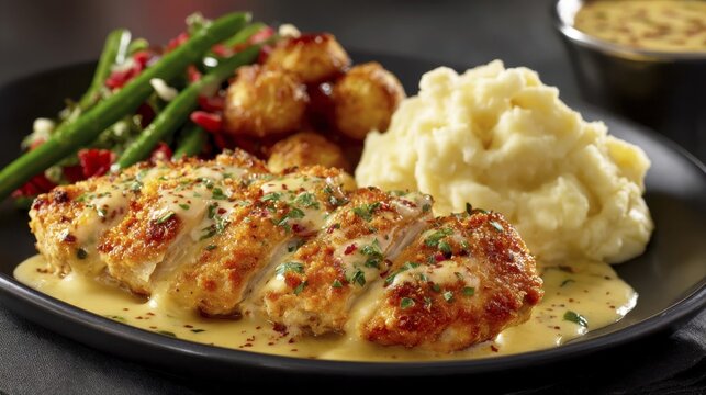 This appetizing dish features perfectly cooked chicken, mashed potatoes, and other tasty sides, making it a perfect meal, AI generated