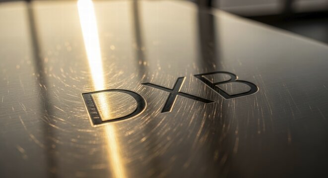 Engraved DXB letters on a polished metal surface reflecting light, AI generated