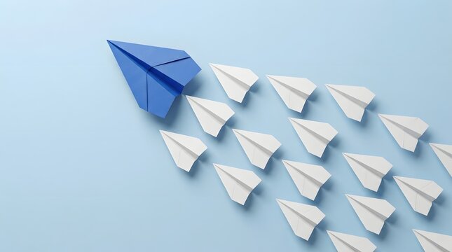 Blue paper airplane leading a group of white paper planes in a clear V-formation on a light blue background, representing concepts of leadership, teamwork, innovation, and strategic direction towards