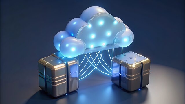 Abstract 3D illustration of a glowing cloud connected to digital servers via light beams