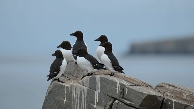 Razorbills resting on a rocky coastal cliff above the sea
