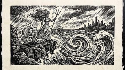 Obraz premium Hand-drawn vector sea witch illustration. Vintage pen and ink art with ocean waves, trident, and city background.