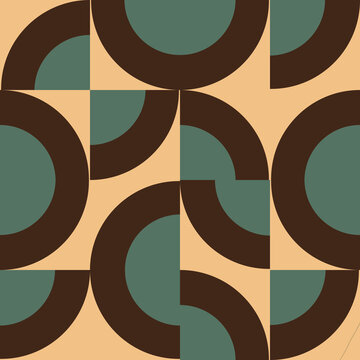 Retro mid-century modern geometric seamless pattern, abstract semicircle curved shapes background vector