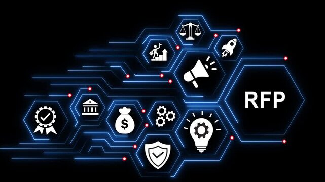 Rfp request for proposal concept with digital business and glowing network technology background