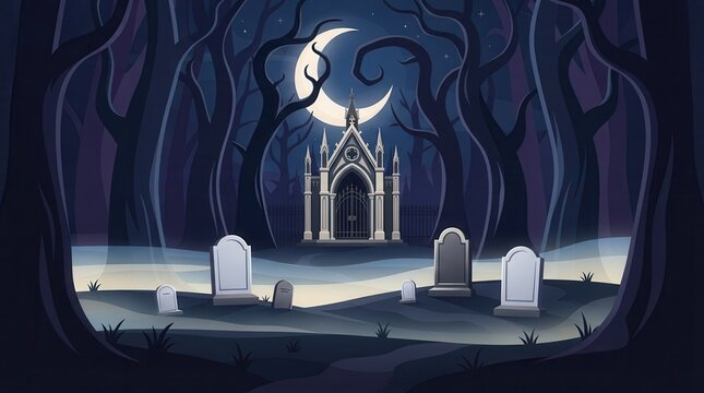 Dark spooky forest graveyard at night with moonlit path and church.